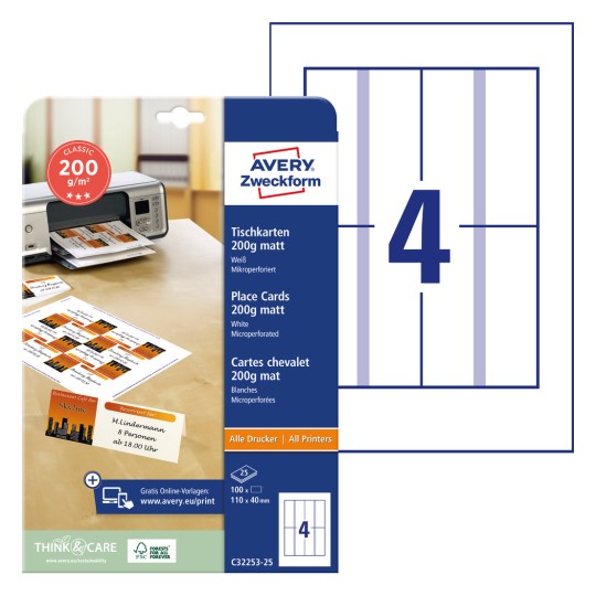 Slika pakiranja s listom karata: Avery Zweckform stolne kartice, Artikl: C32253-25, Format: 110 x 40 mm, Pogodno za ispis: Inkjet, laserski u boji, crno-bijeli laser, kopirni uređaji, Sadržaj: 100 kartica / 25 listova, 4 kartice / list?