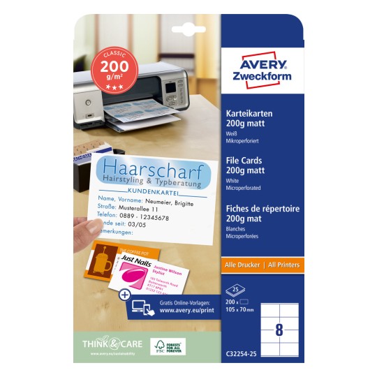 Slika pakiranja: Avery Zweckform kartice, artikl: C32254-25, format: 105 x 70 mm, prikladno za ispis: Inkjet, kolor laserski, crno-bijeli laserski, kopirni uređaji, sadržaj: 200 kartica / 25 listova, 8 kartica/list.