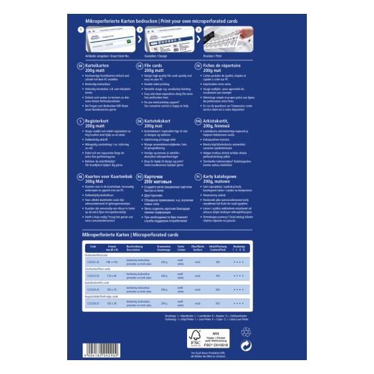 Slika prikazuje informacije o mikroperforiranim karticama, uključujući opise, veličine i upute za dizajn i ispis na više jezika.