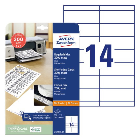 Slika pakiranja s kartonskim pločama: Avery Zweckform natpisi za police, Artikl: C32258-25, Format: 105 x 38 mm, Pogodnost za ispis: Inkjet, kolor laser, crno-bijeli laser, kopirni uređaji, Sadržaj: 350 kartica / 25 listova, 14 kartica/list.
