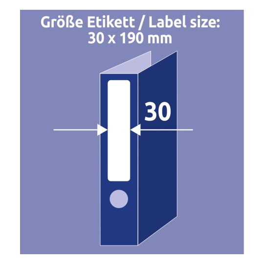Usporedba veličine s rukom, Artikl: C32266-10, naljepnice za uvezivanje, kućni ured, malo pakiranje, format: 30 x 190 mm, boja: bijela.