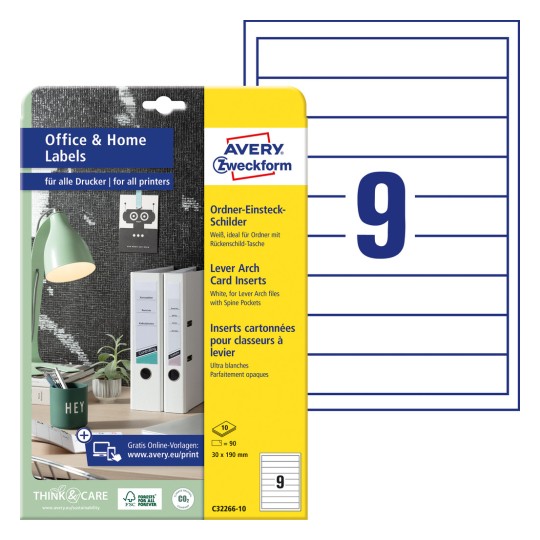 Slikovna oznaka pakiranja s kartonskim listovima: Avery Zweckform umetne naljepnice za fascikle, kućni ured, malo pakiranje, artikl: C32266-10, format: 30 x 190 mm, prikladnost za ispis: Inkjet, crno-bijeli laser, kolor laser, sadržaj: 90 komada / 10 listova, 9 komada/list.