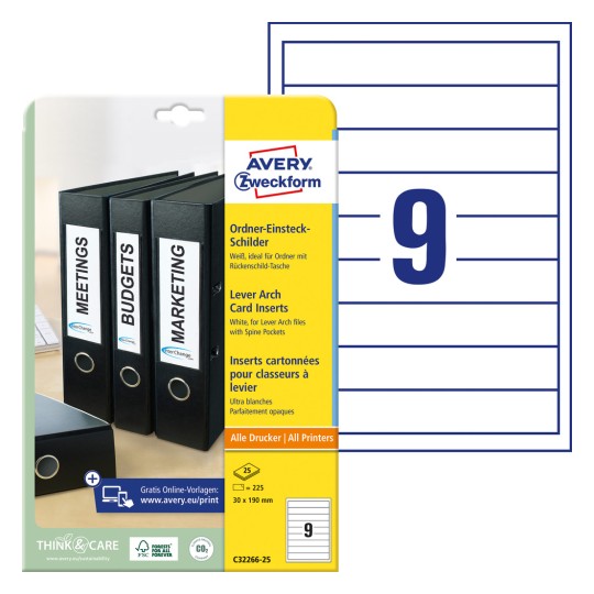 Slika pakiranja s listom karata: Avery Zweckform umetci za registratore, Artikl: C32266-25, Format: 30 x 190 mm, Pogodnost za ispis: Inkjet, laserski crno-bijeli, laserski u boji, Sadržaj: 225 komada / 25 listova, 9 komada po listu.