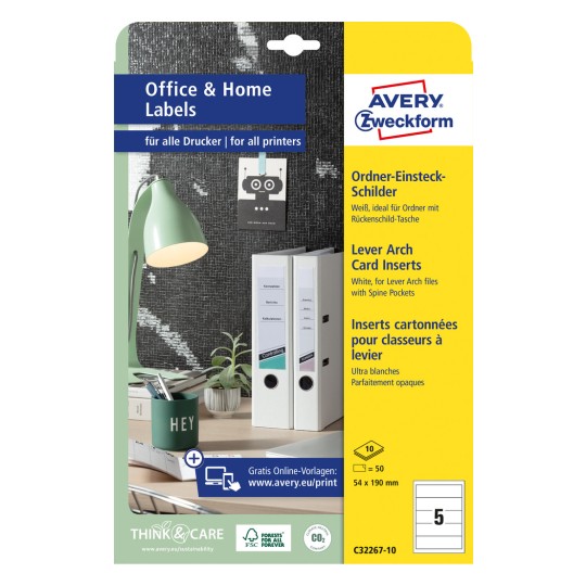 Slika pakiranja: Avery Zweckform umetci za registratore, Artikl: C32267-10, Format: 54 x 190 mm, Pogodno za ispis: Inkjet, laserski crno-bijeli, laserski u boji, Sadržaj: 50 komada / 10 listova, 5 komada/list?