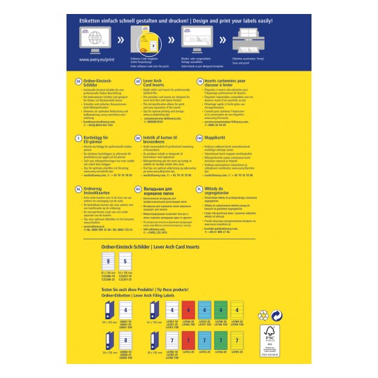 Slika prikazuje promotivni pregled za Averyjeve umetke za registratore s polugom, uključujući različite veličine i informacije na više jezika. Naglasak je na uputama za dizajn i ispis profesionalnih naljepnica, zajedno s kontakt podacima za korisničku službu.