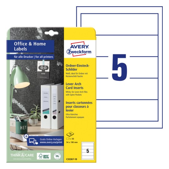 Slika pakiranja s kartonskim listom: Avery Zweckform umetci za fascikle, Ured kod kuće, Malo pakiranje, Artikl: C32267-10, Format: 54 x 190 mm, Pogodno za tiskanje: Inkjet, crno-bijeli laser, laserski u boji, Sadržaj: 50 komada / 10 listova, 5 komada/list.
