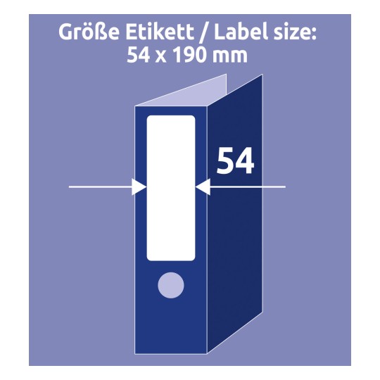 Usporedba veličine s rukom, Artikal: C32267-25, jedinstveni list umetnih etiketa za registratore, format: 54 x 190 mm, boja: bijela.