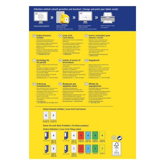 Ova slika prikazuje višejezični letak ili brošuru za Avery proizvode, posebno fokusirajući se na umetke za kartice za registratore i srodne alate za organizaciju dokumenata. Sadrži upute, savjete za optimalno tiskanje i razne ilustracije proizvoda.