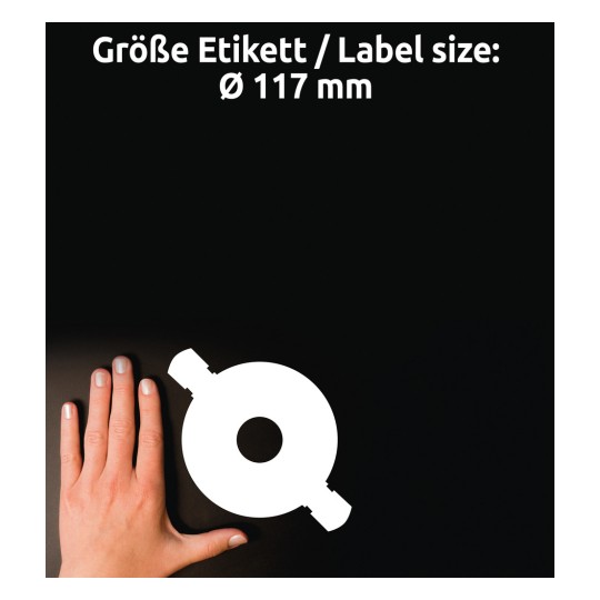 Usporedba veličine s rukom, Artikl: C6074-20, jedan list CD-naljepnica ClassicSize, Format: ⌀ 117 mm, Boja: Bijela?