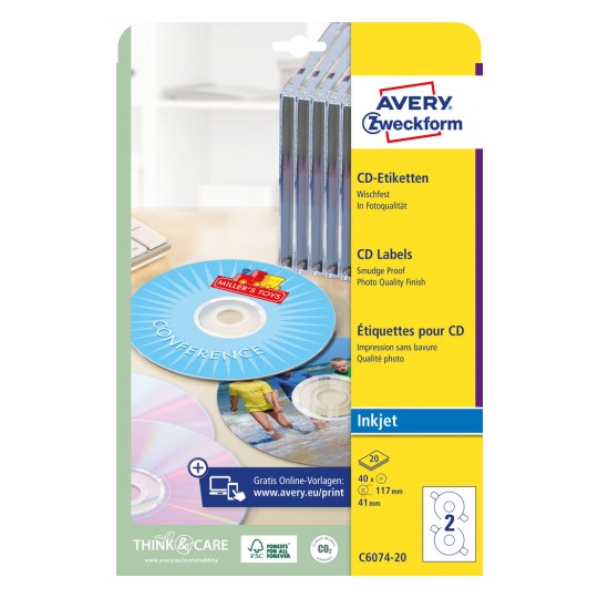 Slika pakiranja: CD etikete Avery Zweckform ClassicSize, artikl: C6074-20, format: ⌀ 117 mm, prikladnost za pisač: Inkjet, sadržaj: 40 etiketa / 20 listova, 2 etikete/list?