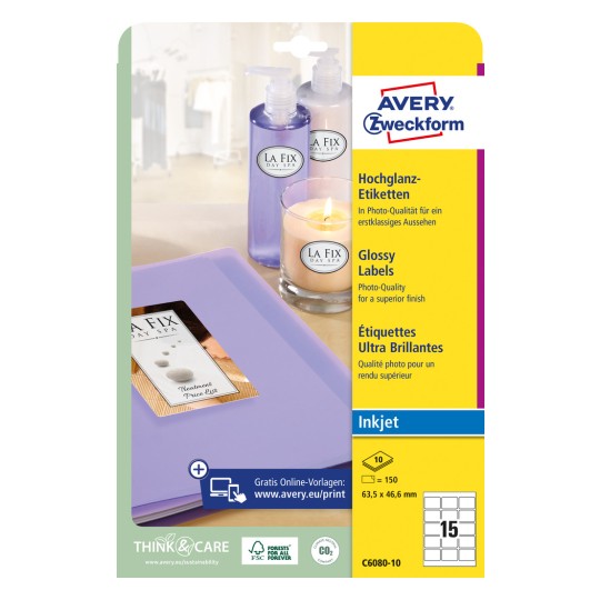 Slika pakiranja: Avery Zweckform sjajni etiketi, artikl: C6080-10, format: 63,5 x 46,6 mm, za pisače: Inkjet, sadržaj: 150 etiketa / 10 listova, 15 etiketa/list?