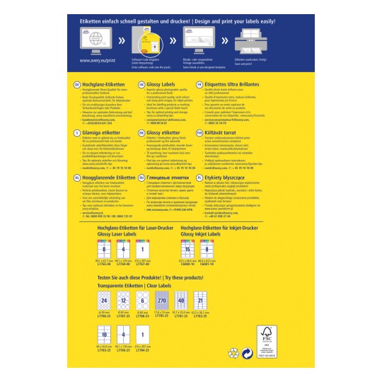 Slika sadrži raspored za dizajn i ispis naljepnica, uključujući različite vrste naljepnica na više jezika, s detaljima o sjajnim naljepnicama i savjetima za optimalni ispis.