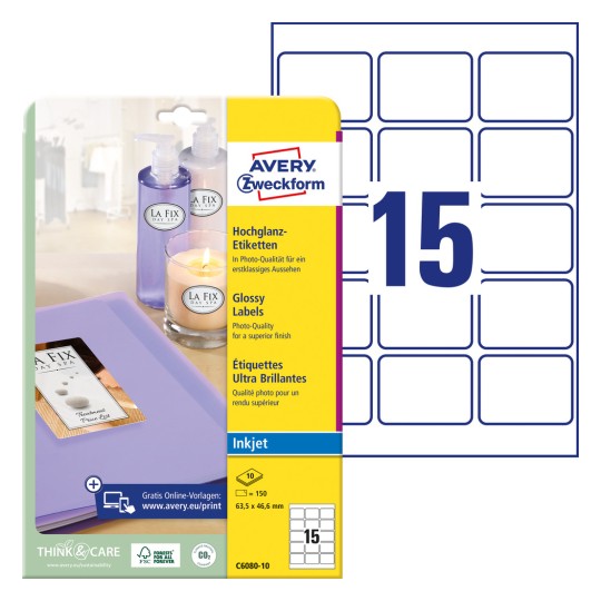 Slika pakiranja s listom naljepnica: Avery Zweckform sjajne naljepnice, artikal: C6080-10, format: 63,5 x 46,6 mm, pogodno za tintne pisače, sadržaj: 150 naljepnica / 10 listova, 15 naljepnica/list.