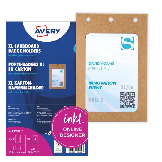 Slika pakiranja s kartonskim listom: Avery Zweckform velike vrećice za oznake imena, Artikl: 4839XL, Format: 105 x 148 mm, Pogodno za tiskanje: crno-bijeli laser, laserski u boji, inkjet, laser, Sadržaj: 50 oznaka za imena / 52 umetaka za oznake / 13 listova, /list?