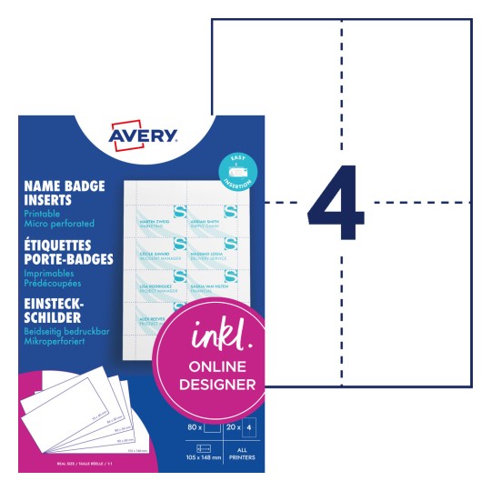 Avery paket umetaka za imenske bedževe s primjerom lista bedževa i velikom grafikom broja 4?