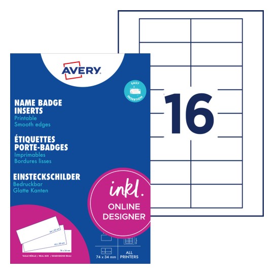 Slika pakiranja umetaka za imenske oznake Avery. Prikazuje detalje o ispisivim imenskim oznakama i prikazuje raspored za 16 umetaka po listu.