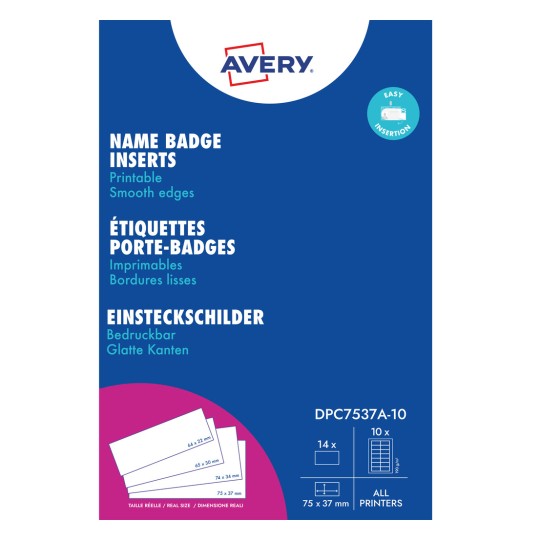 Pakiranje uložaka za Avery pločice s imenom s plavom pozadinom i detaljima proizvoda?