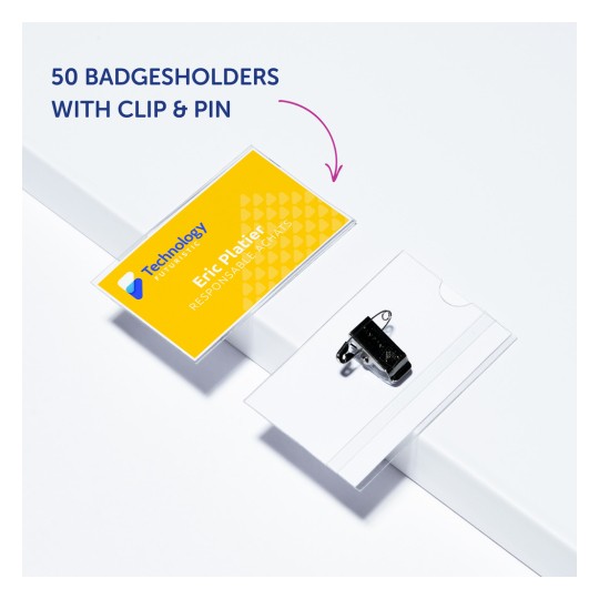 Slika prikazuje stalak za držače znački s kopčom i iglom, sadrži žutu značku s natpisom 'Eric Platier' i imenom marke 'Technology.' Ističe paket od 50 držača znački.