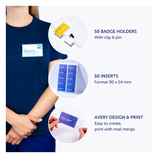 Na slici je prikazana osoba u plavoj košulji s držačem za iskaznicu koji prikazuje uzorak iskaznice. Također se nalaze slike držača za iskaznice, umetaka te informacije o opcijama ispisa i dizajna.