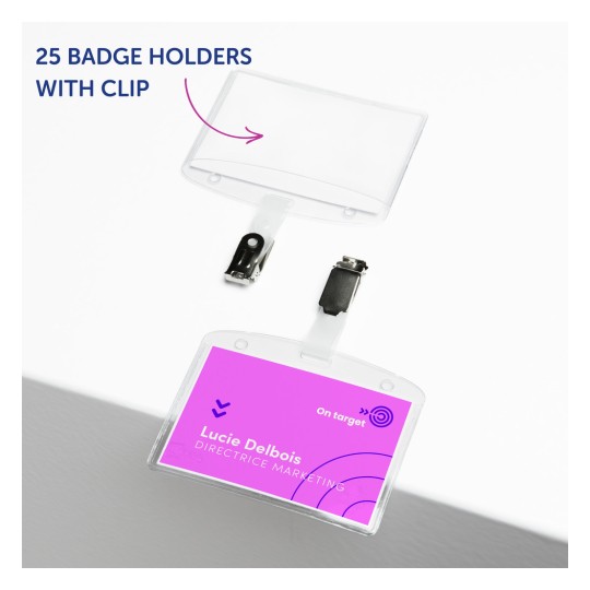 The image features 25 badge holders with a clip, showing one badge holder with a purple design that includes the name 'Lucie Delbois' and the title 'DIRECTICE MARKETING'.