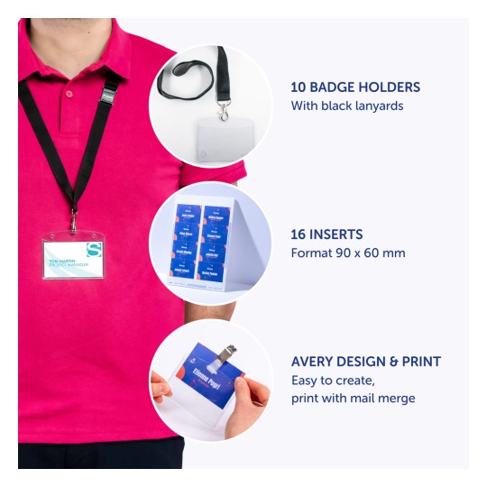 Slika prikazuje osobu u ružičastoj polo majici s držačem za značku oko vrata. Ističe držače za značke, umetke i mogućnosti dizajna za izradu prilagođenih znački.