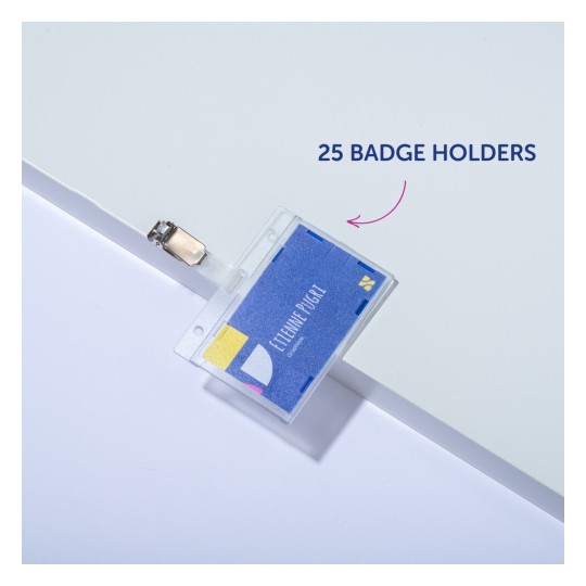 Slika prikazuje držač značke s oznakom unutra, na kojoj su ime i podaci. Prikazuje da je dostupno 25 držača za značke.