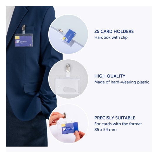 Slika prikazuje profesionalca kako prikazuje držač za kartice na sakou, ističući značajke poput 25 utora za kartice u tvrdom kućištu, visokokvalitetnog materijala i prikladnosti za specifične dimenzije kartica.