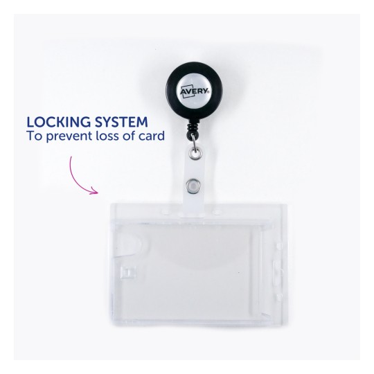 Slika prikazuje uvlačivi držač za značku s sustavom zaključavanja dizajniranim za sprječavanje gubitka kartice.