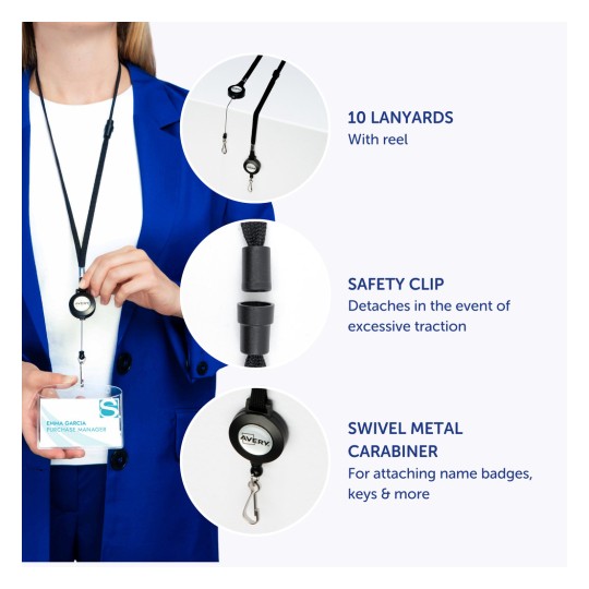 Slika prikazuje skup trakica za oko vrata, sigurnosnu kopču i zakretni metalni karabiner za pričvršćivanje pločica s imenom i ključeva, prikazane pored osobe koja drži pločicu s imenom.