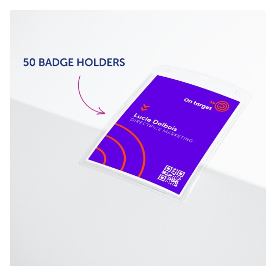 Slika prikazuje držač značke s imenom i titulom na ljubičastoj pozadini, s napomenom koja označava '50 držača znački'.