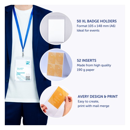 Slika prikazuje držač za bedževe s tekstom koji opisuje značajke proizvoda: 50 XL držača za bedževe, 52 visokokvalitetna umetka i jednostavne opcije dizajna i ispisa.