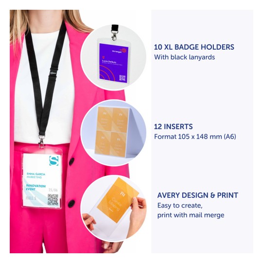 Slika prikazuje držače za bedževe i umetke dizajnirane za događaje, predstavljajući XT držače za bedževe, umetke i detalje o jednostavnom dizajnu i tisku.