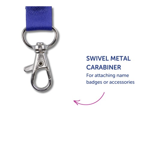 Slika prikazuje rotirajući metalni karabin pričvršćen na plavu traku. Tekst naznačuje da se koristi za pričvršćivanje identifikacijskih oznaka ili dodataka.