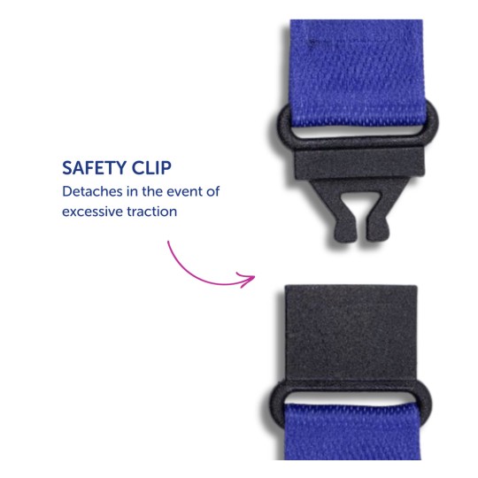 Slika prikazuje sigurnosni isječak pričvršćen za plavu traku, uz tekst koji objašnjava njegovu funkciju odvajanja pri pretjeranom zatezanju.