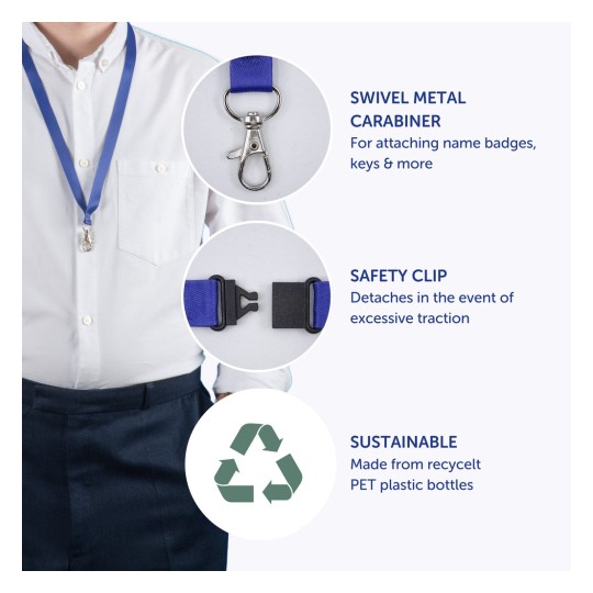 Slika prikazuje muškarca koji nosi plavu vrpcu s detaljima o njezinim komponentama, uključujući rotirajući metalni karabiner za pričvršćivanje, sigurnosnu kopču za otpuštanje pod pretjeranom napetošću, te napomenu o održivom materijalu izrađenom od recikliranih PET plastičnih boca.