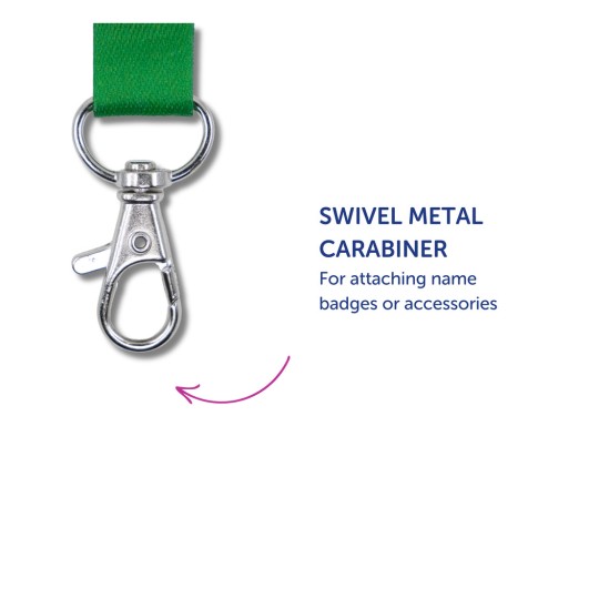 Slika prikazuje okretni metalni karabiner pričvršćen na zelenu traku, s tekstom koji objašnjava njegovu upotrebu za pričvršćivanje identifikacijskih oznaka ili dodataka.