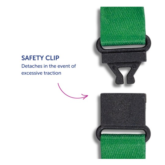 Slika prikazuje sigurnosnu kopču dizajniranu da se odvoji pod prevelikim povlačenjem, sa zelenom trakom i opisom pored nje.