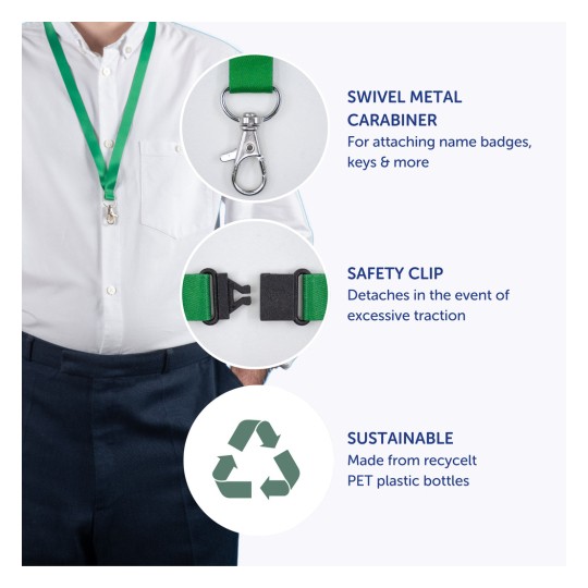 Slika prikazuje zeleni vez s rotirajućim metalnim karabinerom i sigurnosnom kopčom. Ističe značajke vezice, uključujući mogućnost pričvršćivanja identifikacijskih oznaka i ključeva, sigurnosnu kopču koja se odvaja pod napetošću, te održivi materijal izrađen od recikliranih PET plastičnih boca.