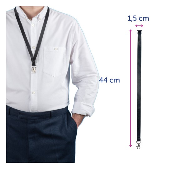 Slika prikazuje osobu koja nosi bijelu košulju i crnu vezicu, čije su dimenzije označene kao 44 cm u duljinu i 1,5 cm u širinu, što sugerira da se koristi za držanje osobnih iskaznica ili znački.