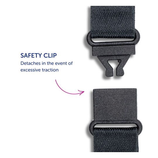 Slika prikazuje sigurnosnu kopču koja se odvaja pod pretjeranim povlačenjem, s strelicom koja pokazuje na njen mehanizam. Dizajn se usredotočuje na sigurnosne značajke.