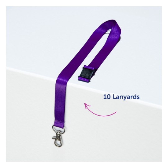 Slika prikazuje ljubičasti vezicu s kopčom, položen na bijelu površinu. Tekst naznačuje da ima 10 vezica.