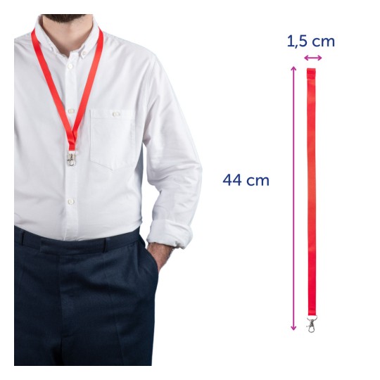 Slika prikazuje osobu koja nosi crvenu vrpcu oko vrata, preko bijele košulje, s naznačenom dužinom i širinom vrpce. Vrpca ima metalnu kopču.