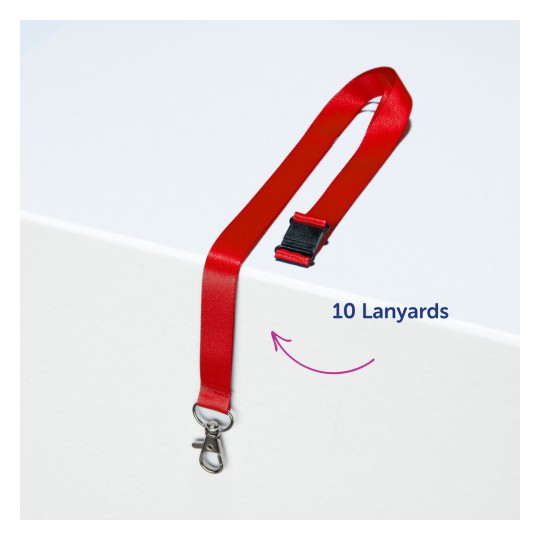 Slika prikazuje crvenu vrpcu s kopčom i plastičnom kopčom koja leži na bijeloj površini. Naljepnica glasi '10 vrpci'.