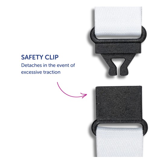 Slika prikazuje sigurnosnu kopču dizajniranu da se odvoji u slučaju pretjerane sile povlačenja, s bijelim remenom i crnim mehanizmom kopče.