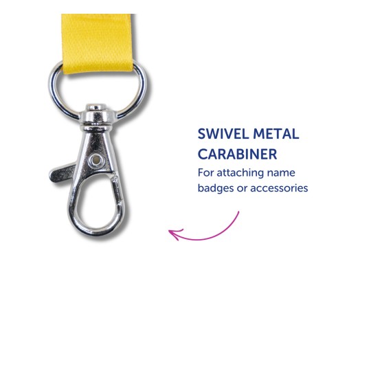 Slika prikazuje žutu vrpcu s okretnom metalnom karabinom, označenu za pričvršćivanje bedževa s imenom ili dodataka.