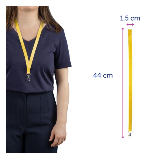 Slika prikazuje osobu koja nosi mornarsko plavu košulju s žutom vrpcom oko vrata. Vrpca ima dimenzije: 44 cm duljine i 1,5 cm širine.