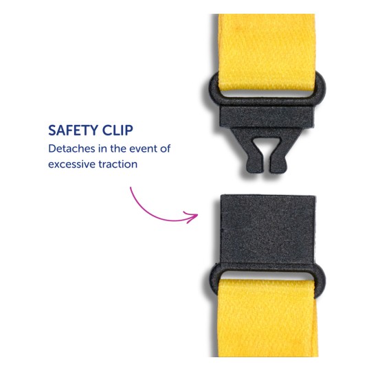 Slika prikazuje sigurnosnu kopču dizajniranu da se odvoji pod prekomjernim povlačenjem, pri čemu je jedan dio prikazan pričvršćen za žutu traku, a mehanizam je istaknut.