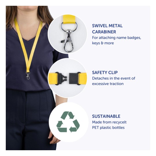 Slika prikazuje žuti remen s okretnim metalnim karabinom za pričvršćivanje znački, sigurnosnom kopčom koja se odvaja pod pretjeranim naprezanjem i napomenom da je izrađen od recikliranih PET plastičnih boca.