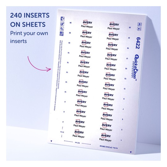 Slika prikazuje Avery umetke na listovima, koji sadrže prilagodljive naljepnice ispisane s imenom 'Paul Meyer'. List ima ukupno 240 umetaka organiziranih u formatu rešetke.
