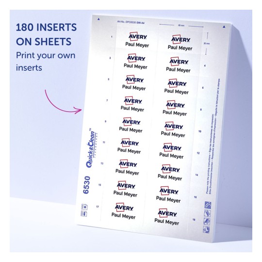 Slika prikazuje list naljepnica s tekstom 'Avery Paul Meyer'. Postoji ukupno 180 umetaka raspoređenih u formatu mreže, što ukazuje na to da se ove naljepnice mogu ispisati na listovima sa specifikacijama za veličinu.